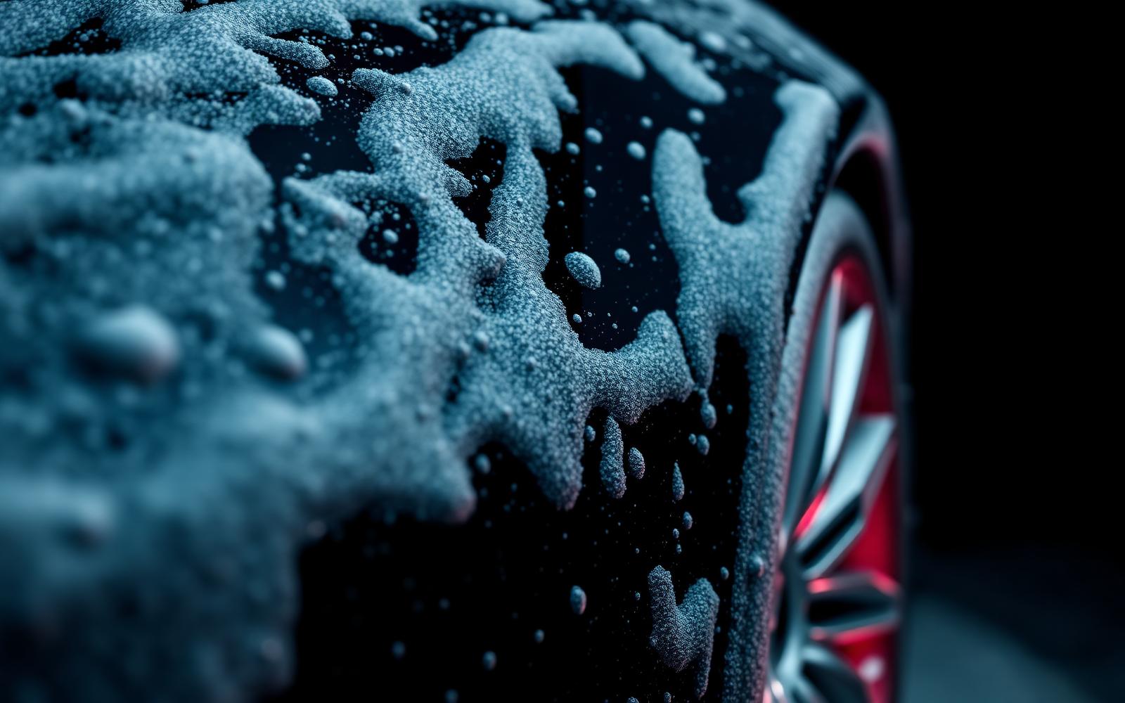 Thick foam soap running down the side of a dark vehicle