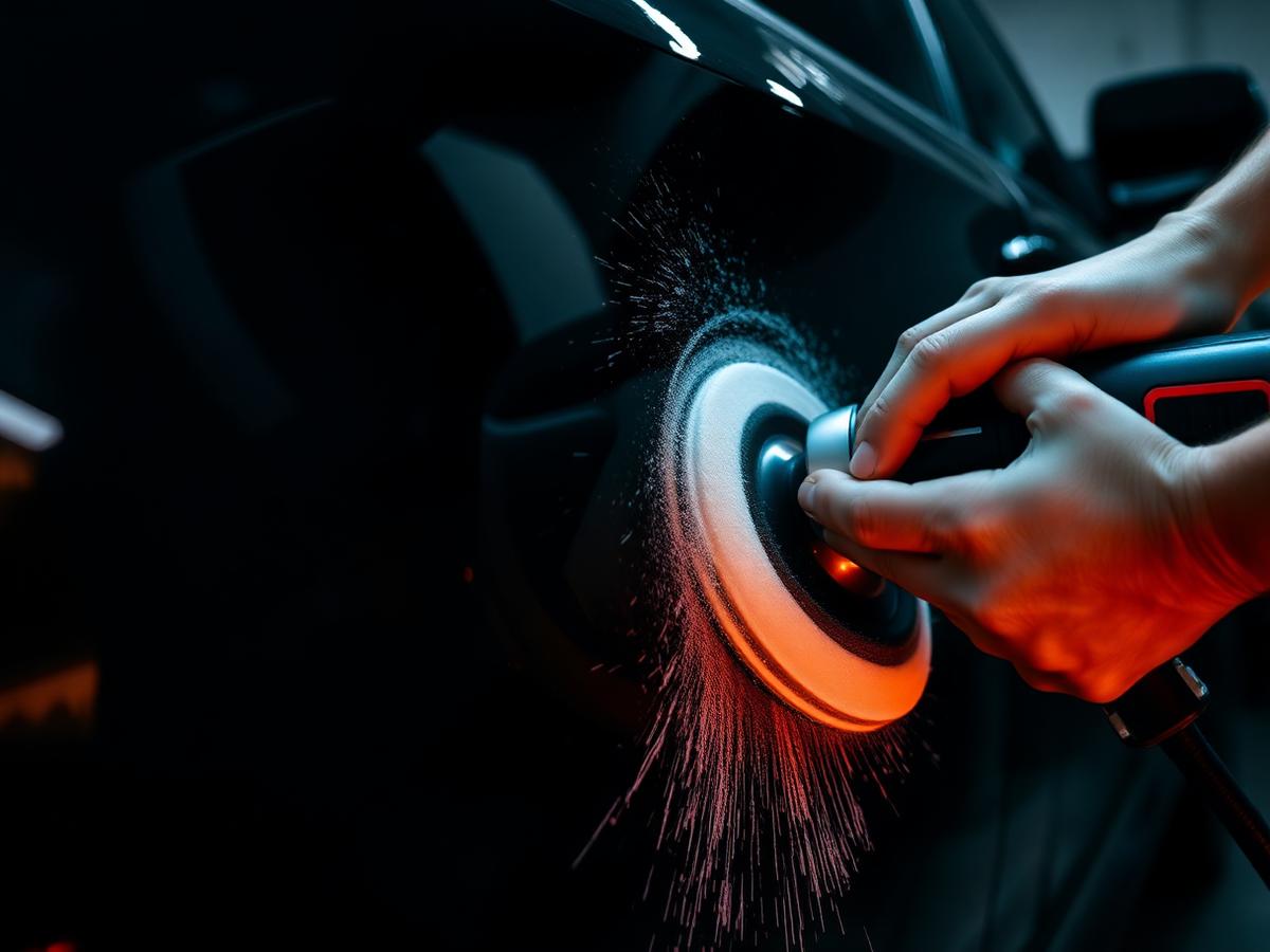 Machine polisher working a glossy black car panel