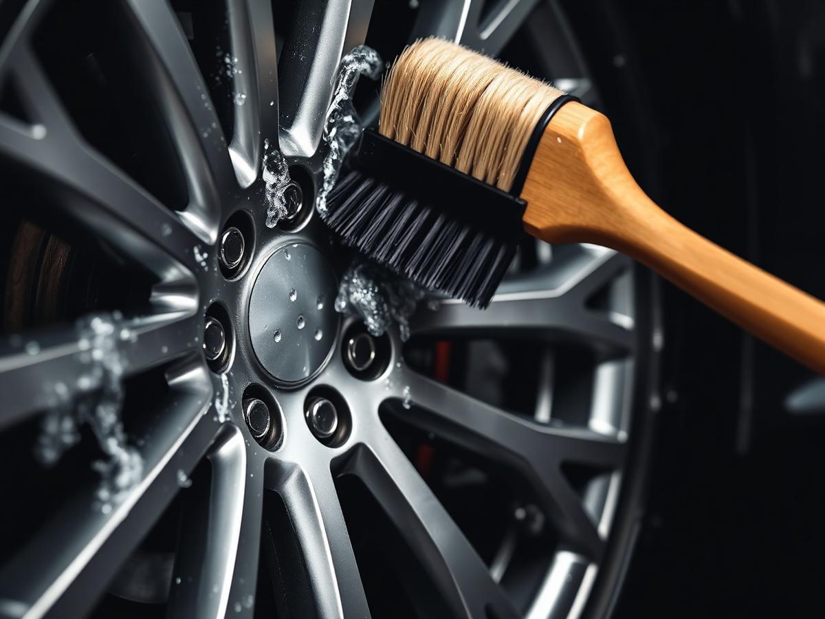 Detailing brush cleaning a silver alloy wheel